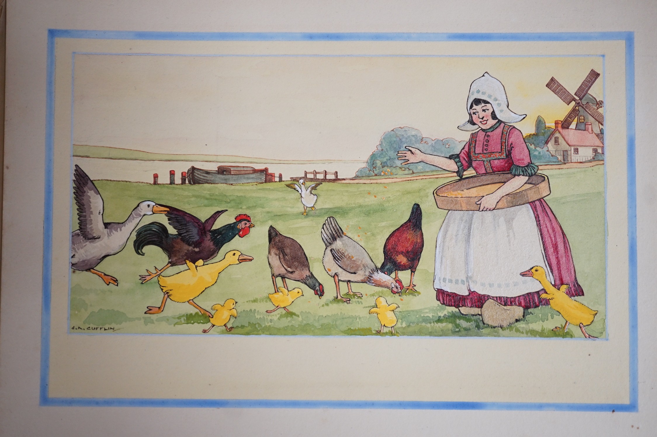 George Cufflin, six watercolours, original postcard designs of Dutch children, signed, 19 x 25cm, unframed